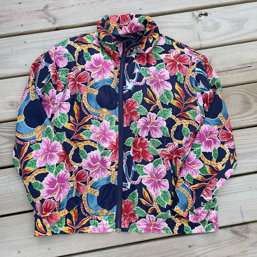 Vtg Silk Bomber Jacket Navy Pink Tropical Floral Print Silk Nautical Coastal